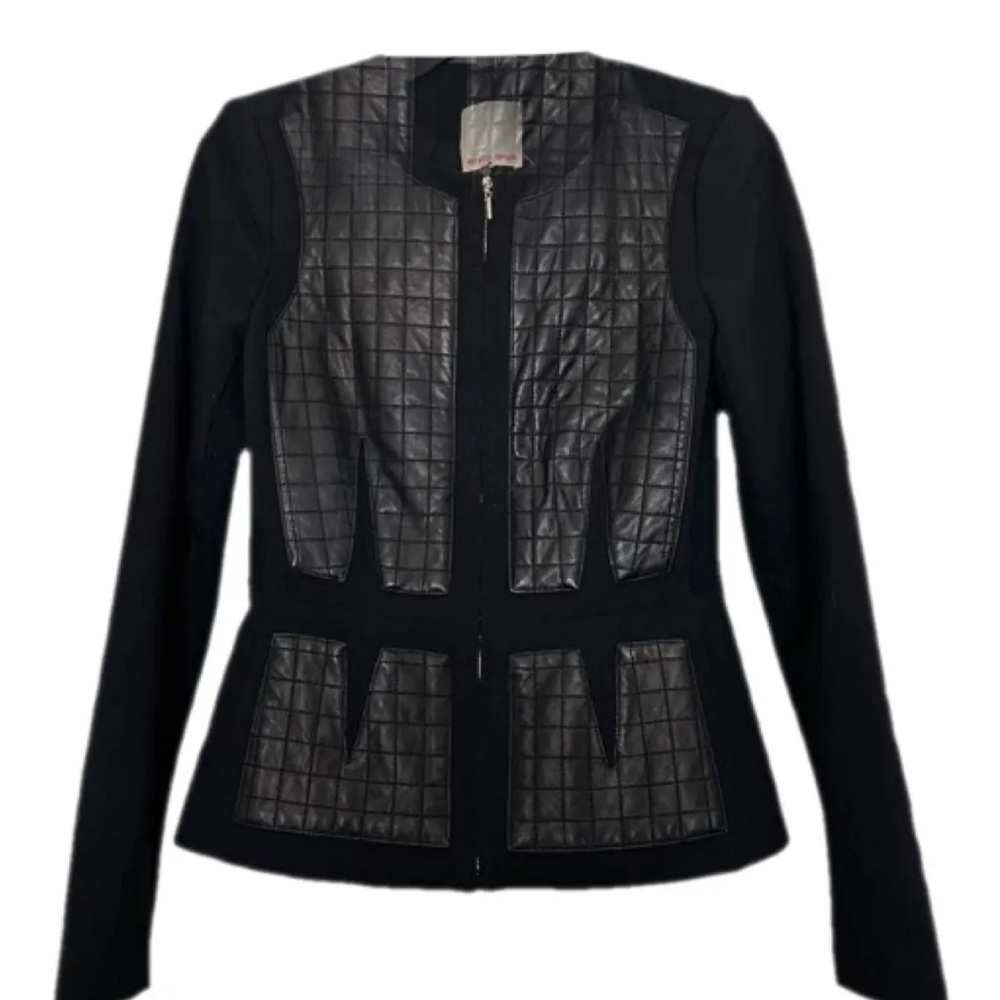 Rebecca Taylor Women’s Solid Black Zip-Up Jacket Quilted Leather Panels Sz 4